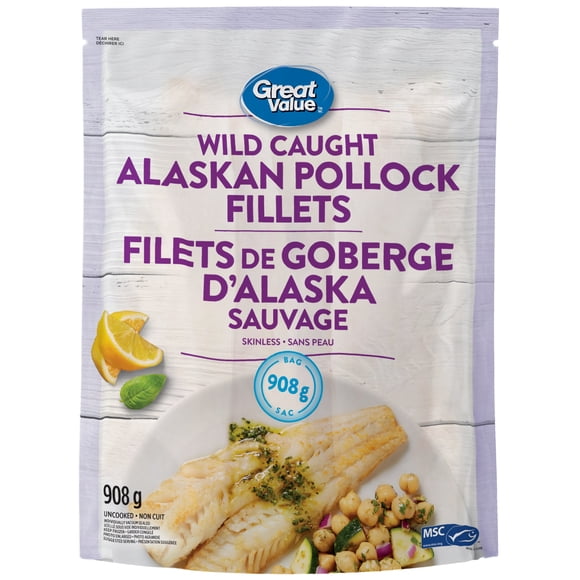 Great Value Wild Caught Skinless Alaska Pollock Fillets, GV Pollock Fillets 908g
