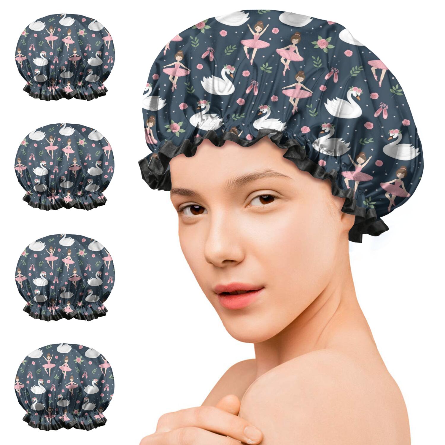 Shower Caps,Dark Blue Swan Ballerina Pattern Waterproof Shower Cap for Women 4 Pieces,Double Reusable Hair Cover for Shower PEVA Elastic Stretch Hem