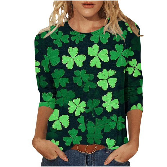 Lenpel St Patrick's Day Shirts for Women 3/4 Length Sleeve Crew Neck Casual Printed Blouse Spring Tunic Tops