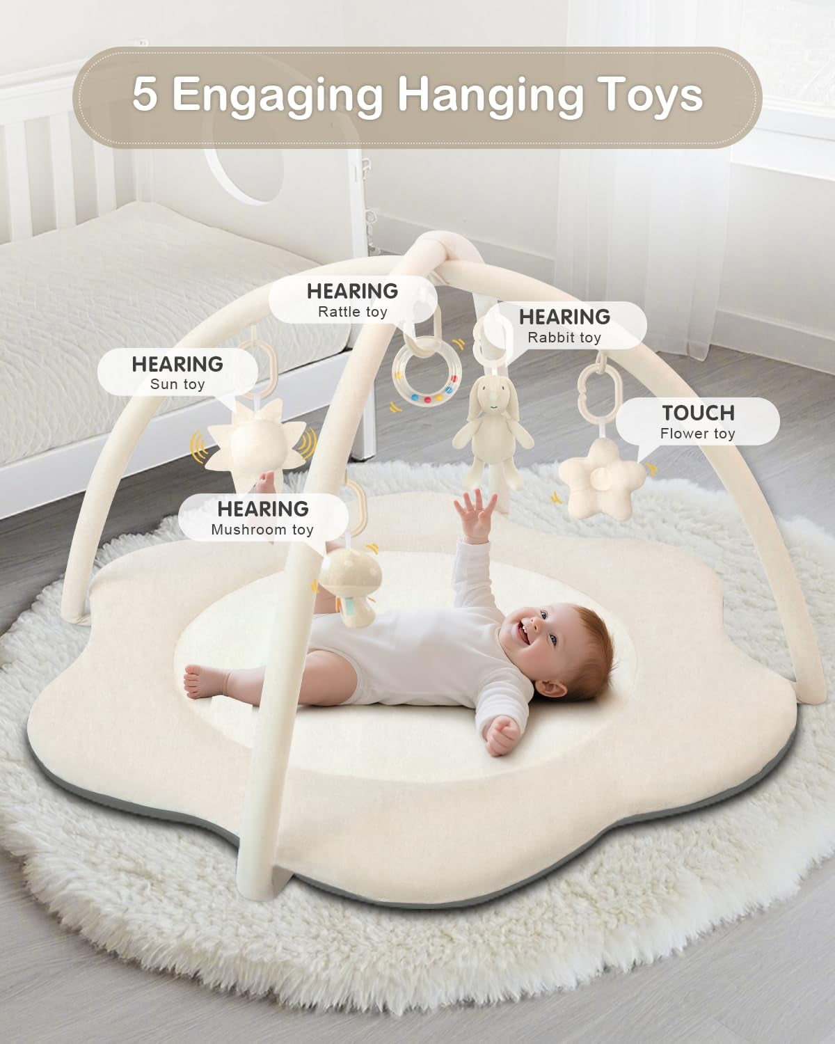 Baby Gym Play Mat, Sitting-up Babies Seats for Infants,with 5 Detachable Toys, Infant Toddler Activity Tummy Time Playmats for Newborn 0-12 Months, Beige