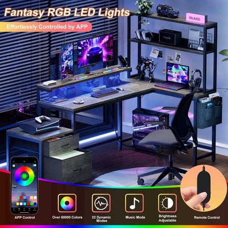 GUNAITO L Shaped Gaming Desk with CPU Stand, 71" Corner Computer Desk,Reversible Office Desk with File Drawers Cabinet,3-Tier Shelf,Gray