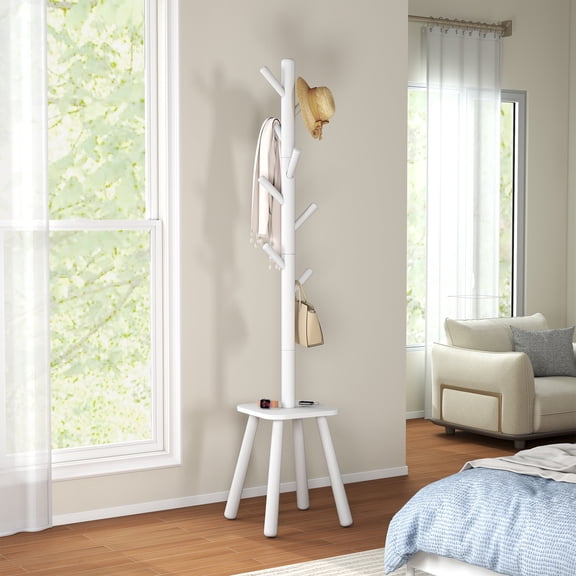 LEDREM 69.2-Inch Freestanding Coat Rack with 8 Hooks and Storage Shelf, 4-Leg Base Design for Coats, Hats, and Bags, Cloud White