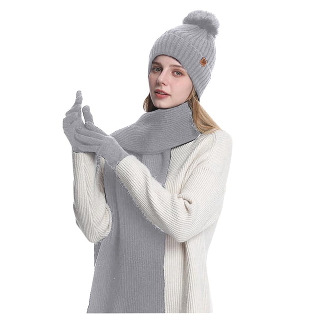 All Solid Color Knitted Scarf Hat Gloves Set Winter Warm Soft Comfortable Unisex Accessories Three Piece Outfit