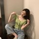 thumbnail image 3 of Camisa elegante verde ajustada con volantes y cuello en V de verano para mujer, 3 of 8
