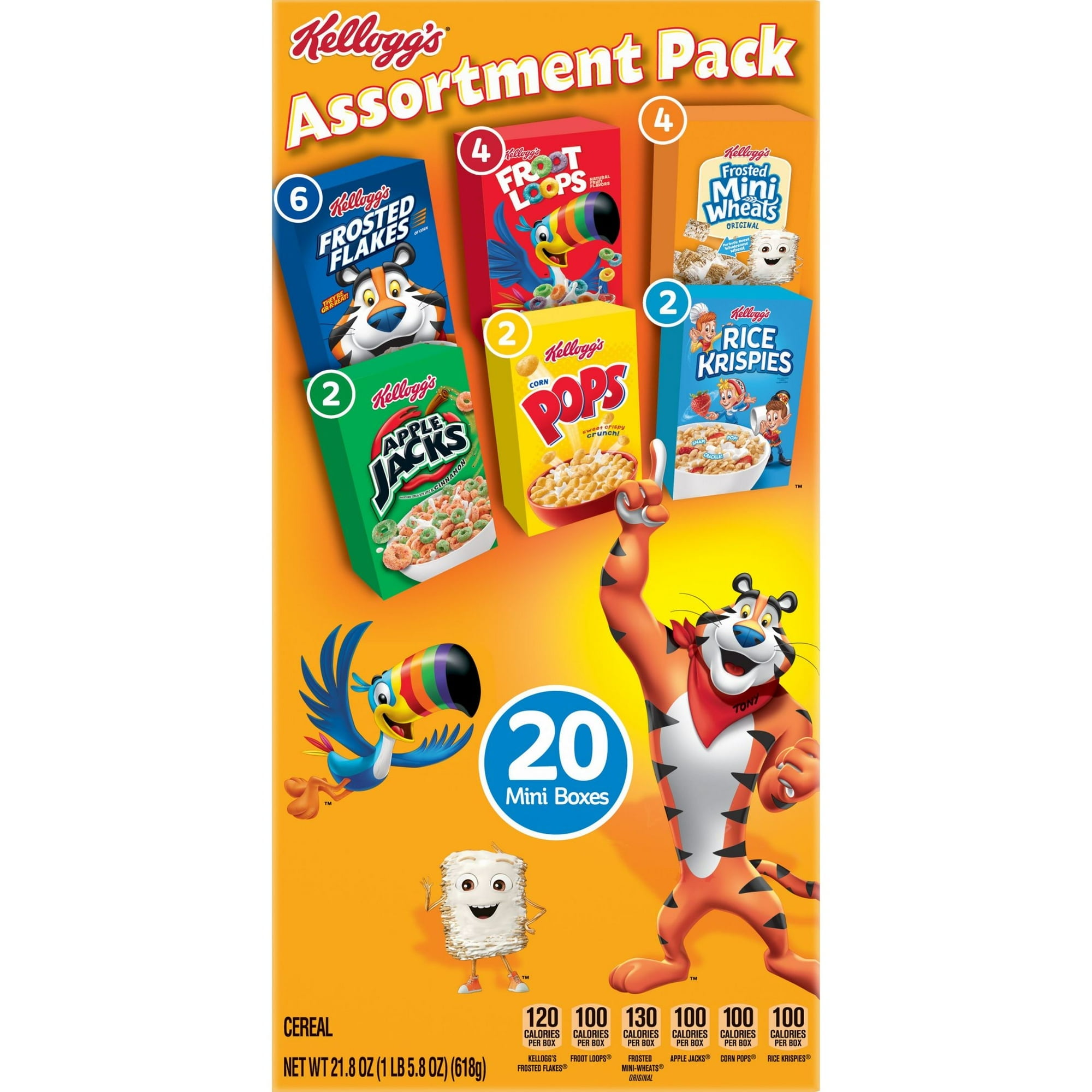 Kellogg's Assortment Pack Breakfast Cereal, Single Serve Cereal To Go, Kids Snacks, Variety Pack, 21.8oz Box (20 Boxes) pack of 4