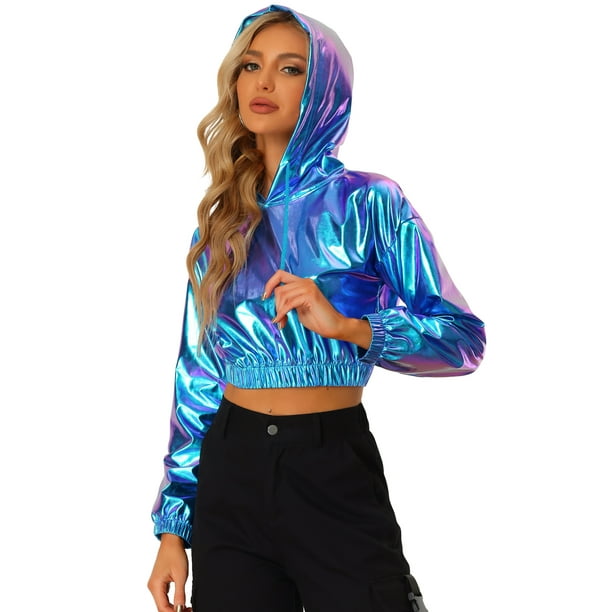 Allegra K Women's Crop Top Hoodies Holographic Shiny Metallic Sweatshirts  Medium Blue 