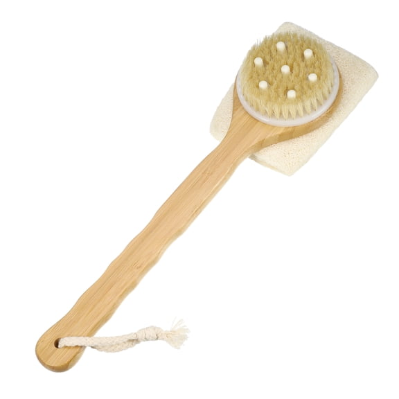 Unique Bargains Long Handle Bath Brush Double Side Body Scrubber 13.78" Beige 1 Pc