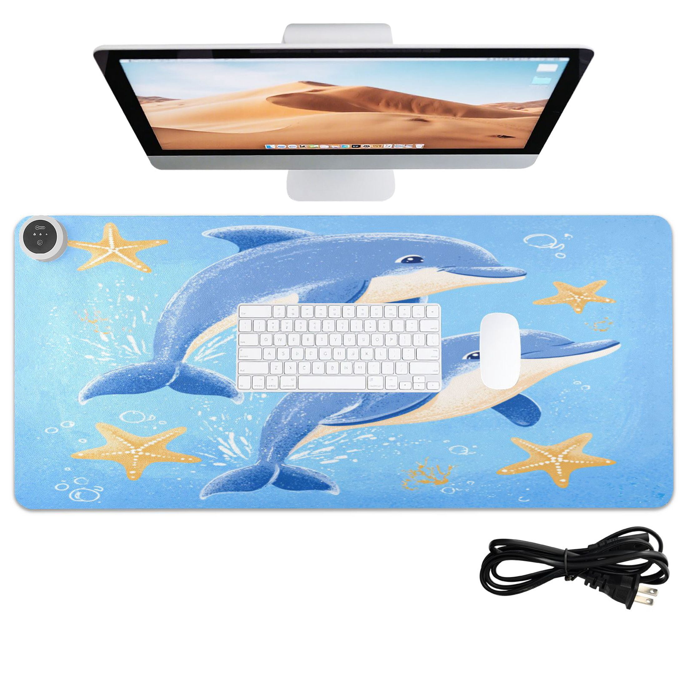 Large Heated Desk Mat Mouse Pad 31.5"x13"PU Leather Graphene Heating Desk Warmer with 3 Temperature Settings 110V US Plug Non-Slip Warm Pad for Home, Office, and Gaming Two Dolphins Jumping Pattern