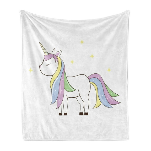 Unicorn Party Soft Flannel Fleece Blanket, Childish Simple Doodle of a Stars and Happy Magic Maned Horse Print, Cozy Plush for Indoor and Outdoor Use, 50" x 70", White and Multicolor, by Ambesonne