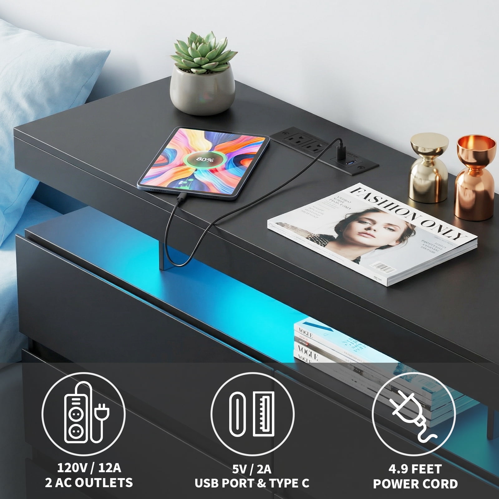 Hommpa Black LED 6 Drawers Dresser for Bedroom, Chest of Drawers with Charging Station and LED Lights, TV Stand Tall Dresser for Closet, Wooden Modern Storage Cabinet for Living Room, Entryway