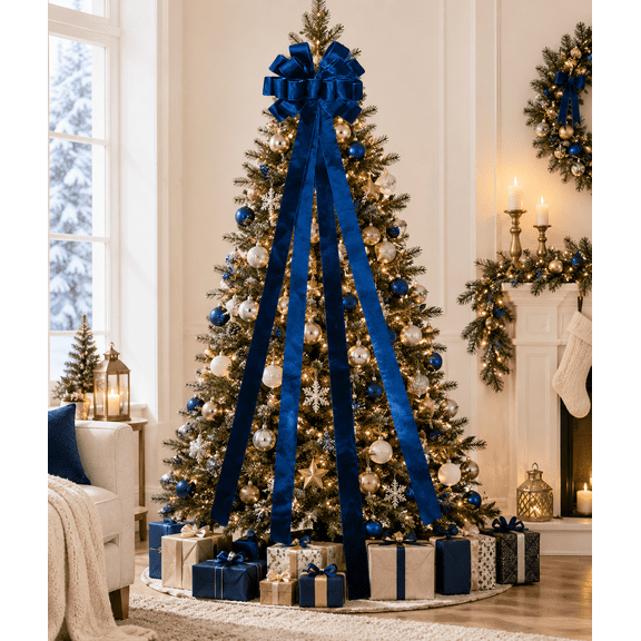 53 Inch Large Christmas Tree Topper Bow, 13 x 53 in Oversized Holiday Bow with Long Streamers for Tree, Wreath, Door, Mantel & Staircase