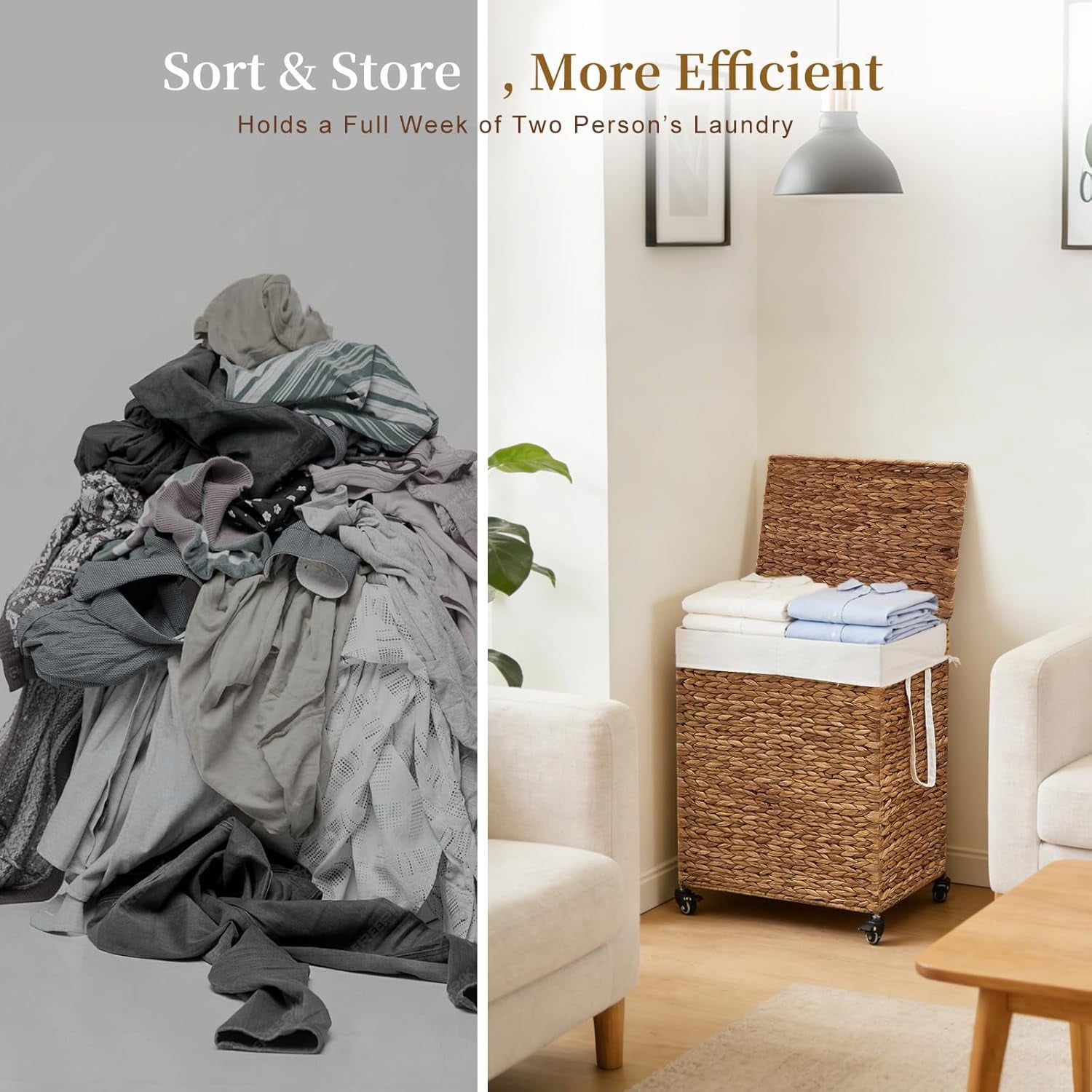 Casa Pura Furniture 2-Section Laundry Hamper with Lid, Water Hyacinth Woven Laundry Sorter with Removable Liners, Rolling or Non-Slip Design