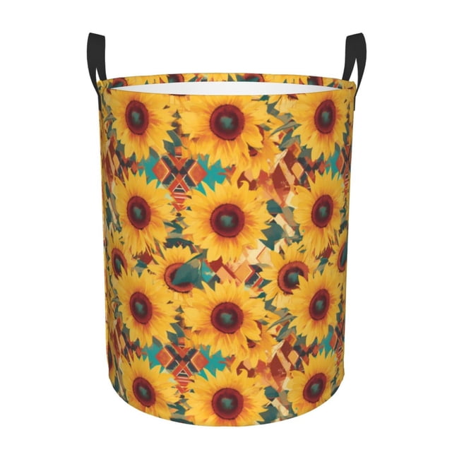 Balery Colorful Bohemian Sunflower Cesta de ropa redonda con asas, impermeable, independiente, para ropa, juguetes, dormitorio y familia-Small