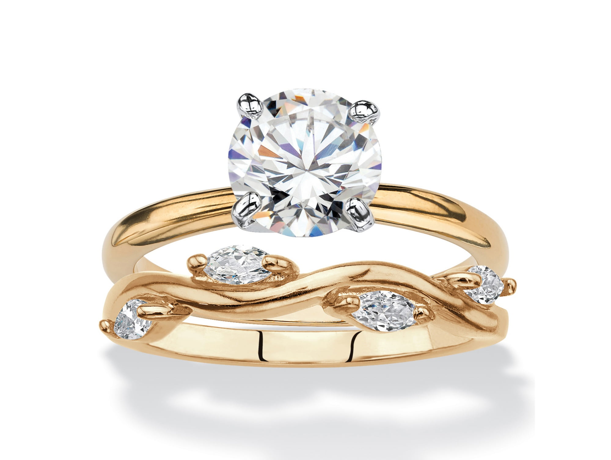 Round Cubic Zirconia 2-Piece Solitaire and Vine Wedding Ring Set ...