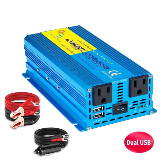 LVYUAN 1000W 2000W Surge Pure Sine Wave Power Inverter DC 24V to AC 110V Car Power Converter with 2 AC Outlets, 2 USB Ports, Battery Converter Charger for Vehicle, Camping, Off-Grid, Home Backup