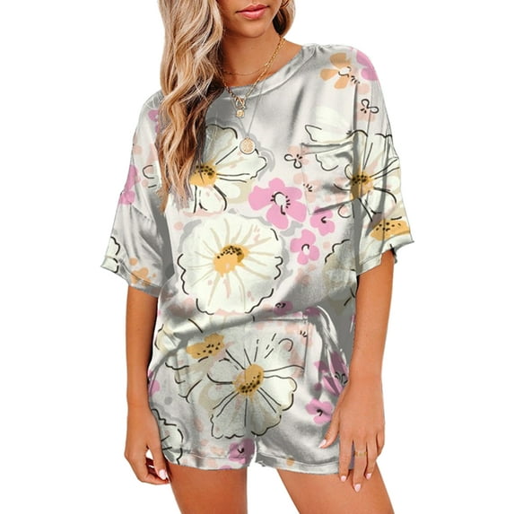 Short Sleeve Floral Print Pajamas Set for Women Summer Crew Neck Pocket Tops and Casual Shorts Sleepwear Nightwear