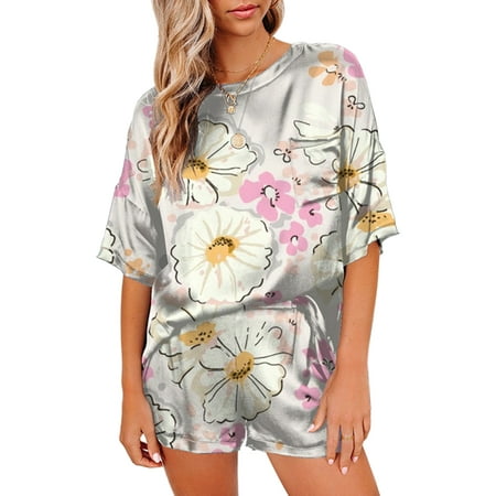 

Tie Dye Print Lounge Set for Women Summer Short Sleeve Crew Neck Tops and Shorts Silk Satin Pajamas Sleepwear Homewear