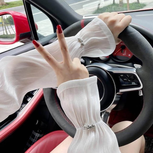 Fashionable Lace Arm Covers for Women Sun Cool Breathable Stretchy Long Sleeve Pearl Ribbon Silk Accessory