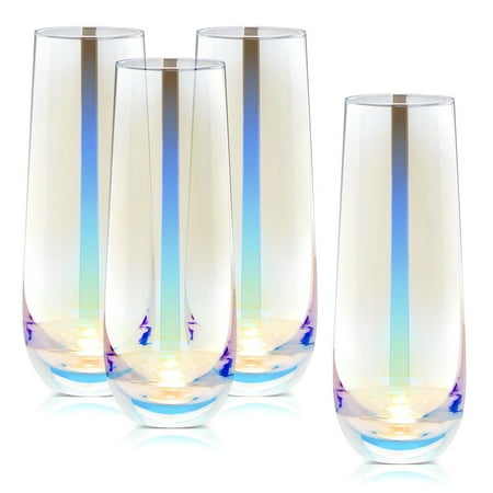 

4 Pack Iridescent Stemless Champagne Flutes Wine Glasses for Mimosas Wedding Bridal Shower Birthday 10 oz.