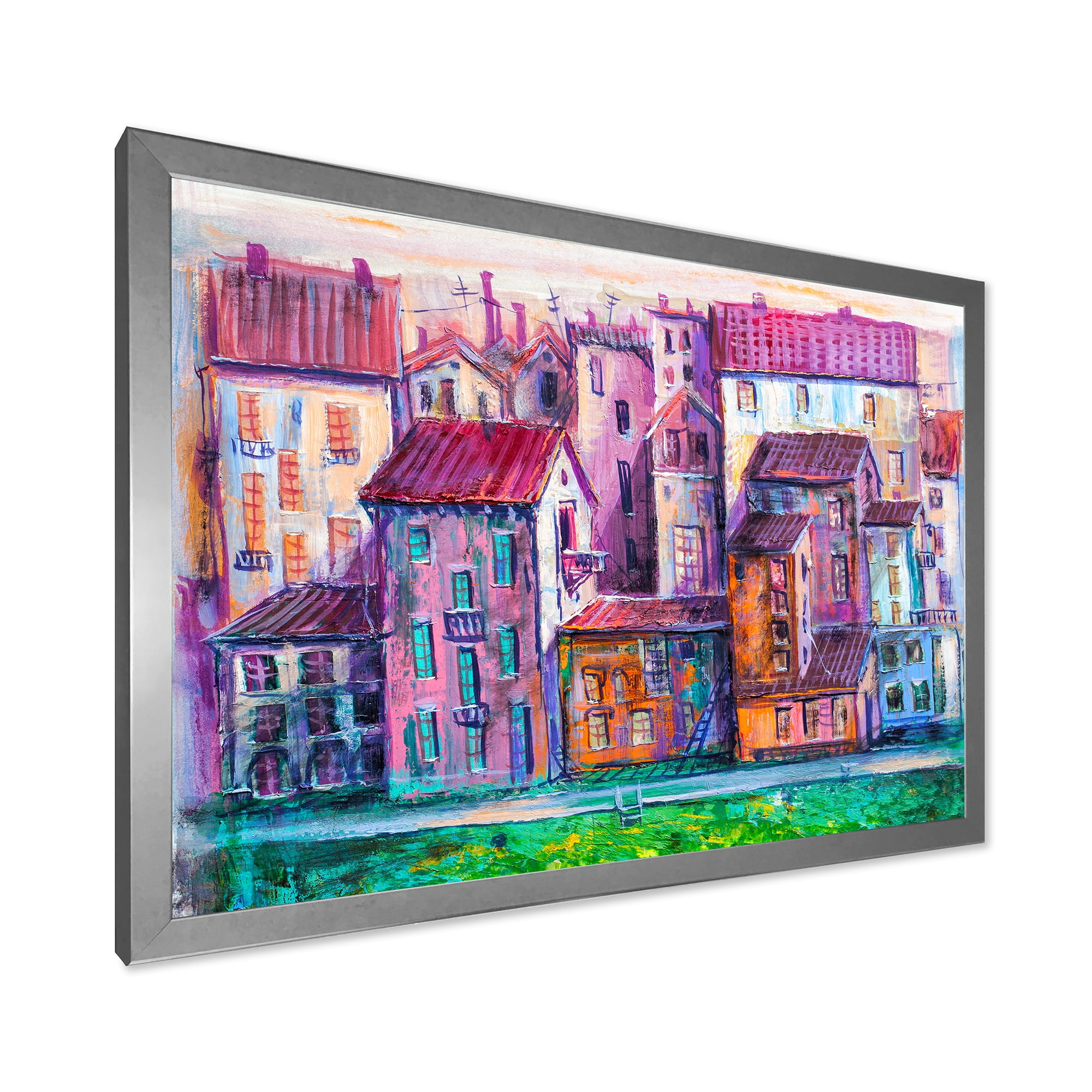 Designart 'Street With Colorful Old Homes Landscape' Modern Framed Art Print