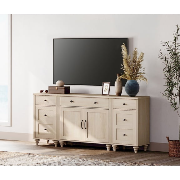 WAMPAT 75 Inch Farmhouse TV Stand with Charging Station, 3-in-1 Entertainment Center Console Table, Storage Buffet Sideboard Cabinet for Dining Room, Light Oak