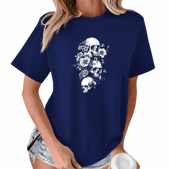 UNISHE Women's Stacked Skulls Graphic Short Sleeve T-Shirt Crewneck Black Floral Art Tee