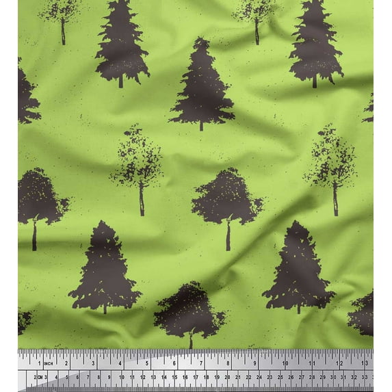 Soimoi Green Cotton Voile Fabric Stencil Tree Print Fabric by the Yard 56 Inch Wide