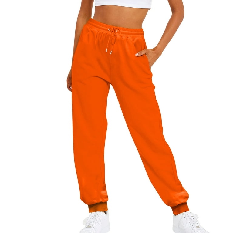 Gzea Business Casual Pants for Women Size 14 Stretch Ladies Solid Color  Drawstring Elastic Waist Casual Loose Foot Fleece Sweatpants Orange,XXL