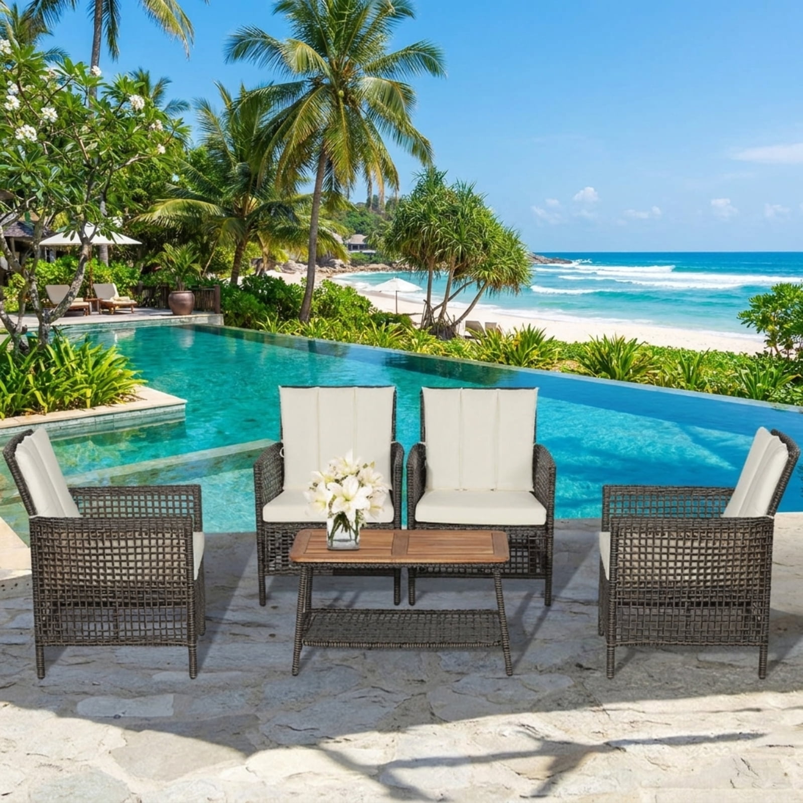 Furnibear 5 Piece Patio Rattan Furniture Set Outdoor Wicker Sectional Sofa Set with Cushions Armrest and Acacia Wood Tabletop, Off White