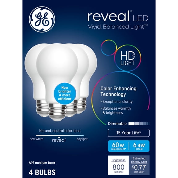 GE Reveal HD  LED 60 Watt Replacement, Reveal, A19 General Purpose Bulbs (4 Pack)