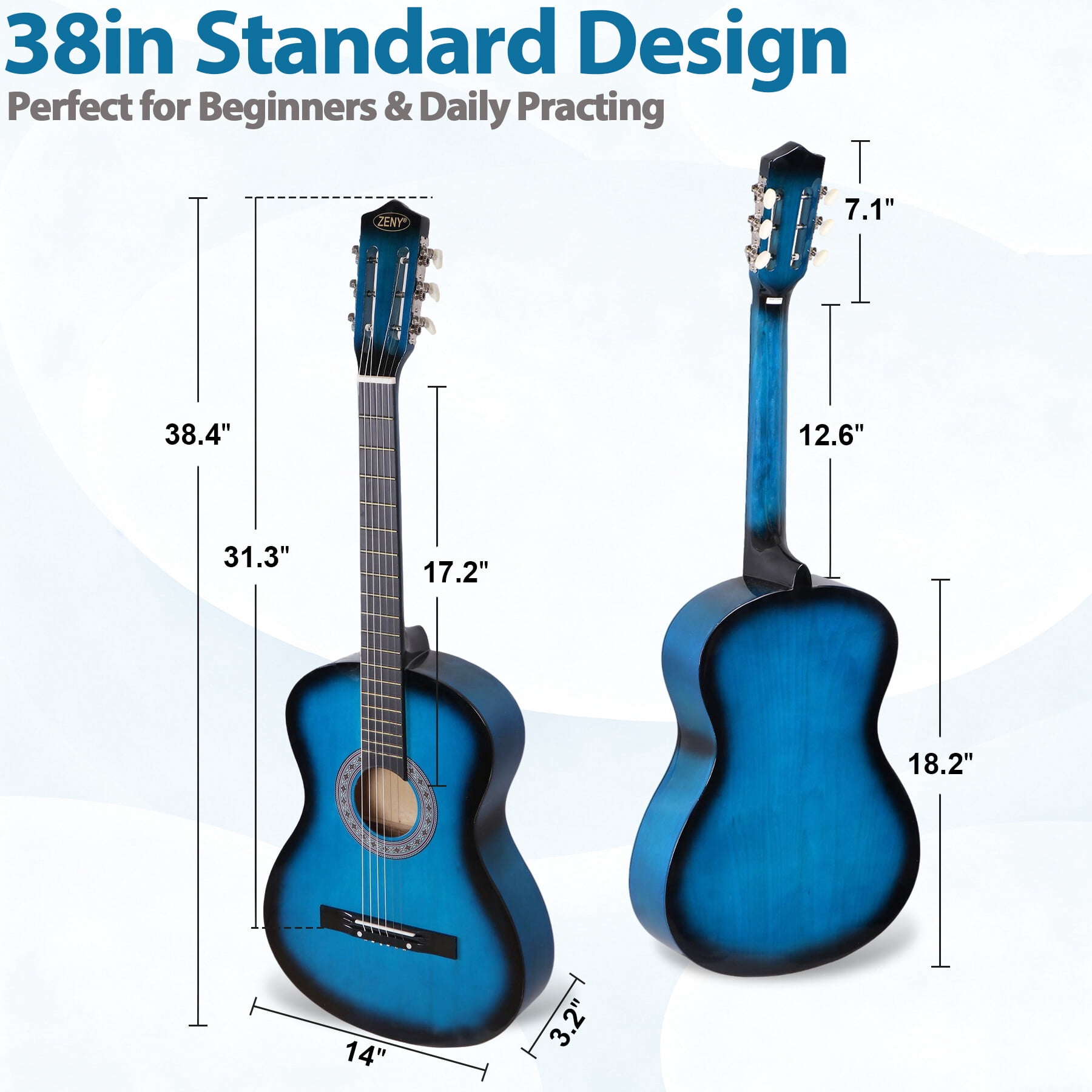 ZENY 38" Acoustic Guitar for Beginners, Student Starter Kit with Gig Bag, Strap, Tuner & Picks -Blue