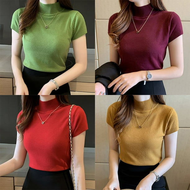 Blusa De Mujer Solido Medio Cuello Alto Moda Delgada Manga Corta Camiseta De Punto Mujeres Crop Topspangjing Bodega Aurrera en linea