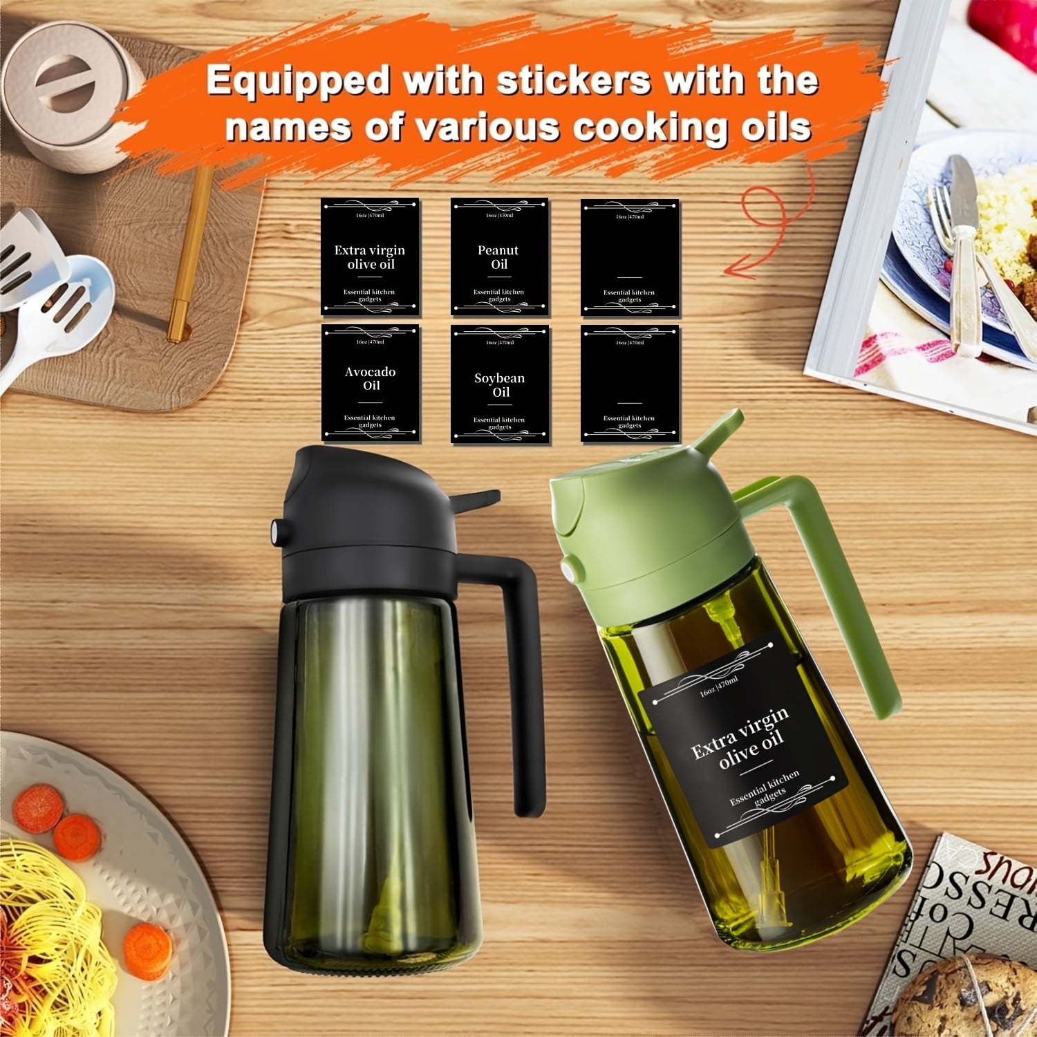 Oil Dispenser Bottle with Sprayer, 2 Pack 16 oz Dark Green Glass for Cooking BBQ