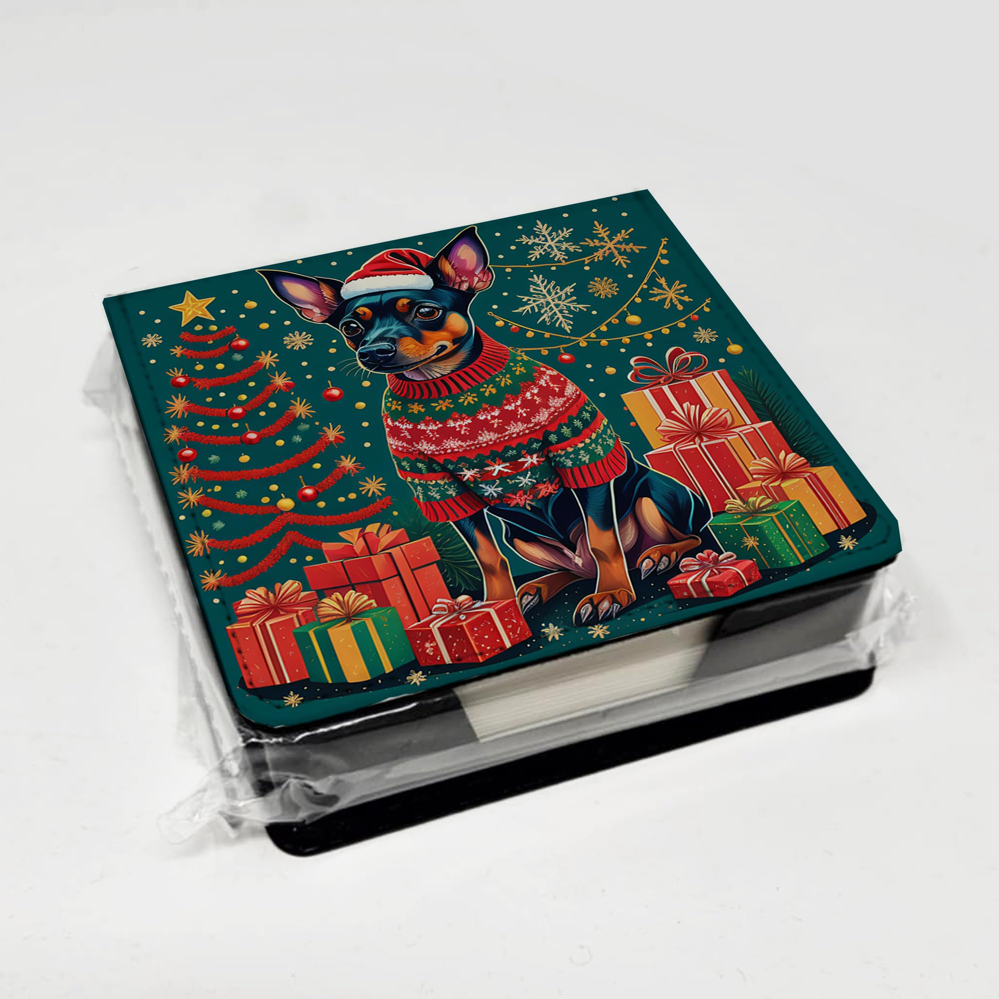 Caroline's Treasures Miniature Pinscher Christmas PU Leather Note Paper Holder with Artist-Designed Cover, Desk Accessory, Office Gift
