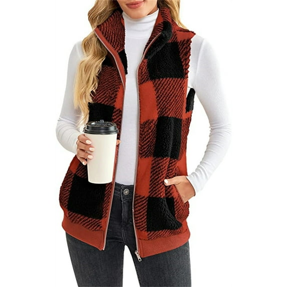 Capreze Women Sherpa Plaid Vest Casual Zipper Fuzzy Fleece Sleeveless Jackets Winter Warm Check Waistcoat with Pockets Red M