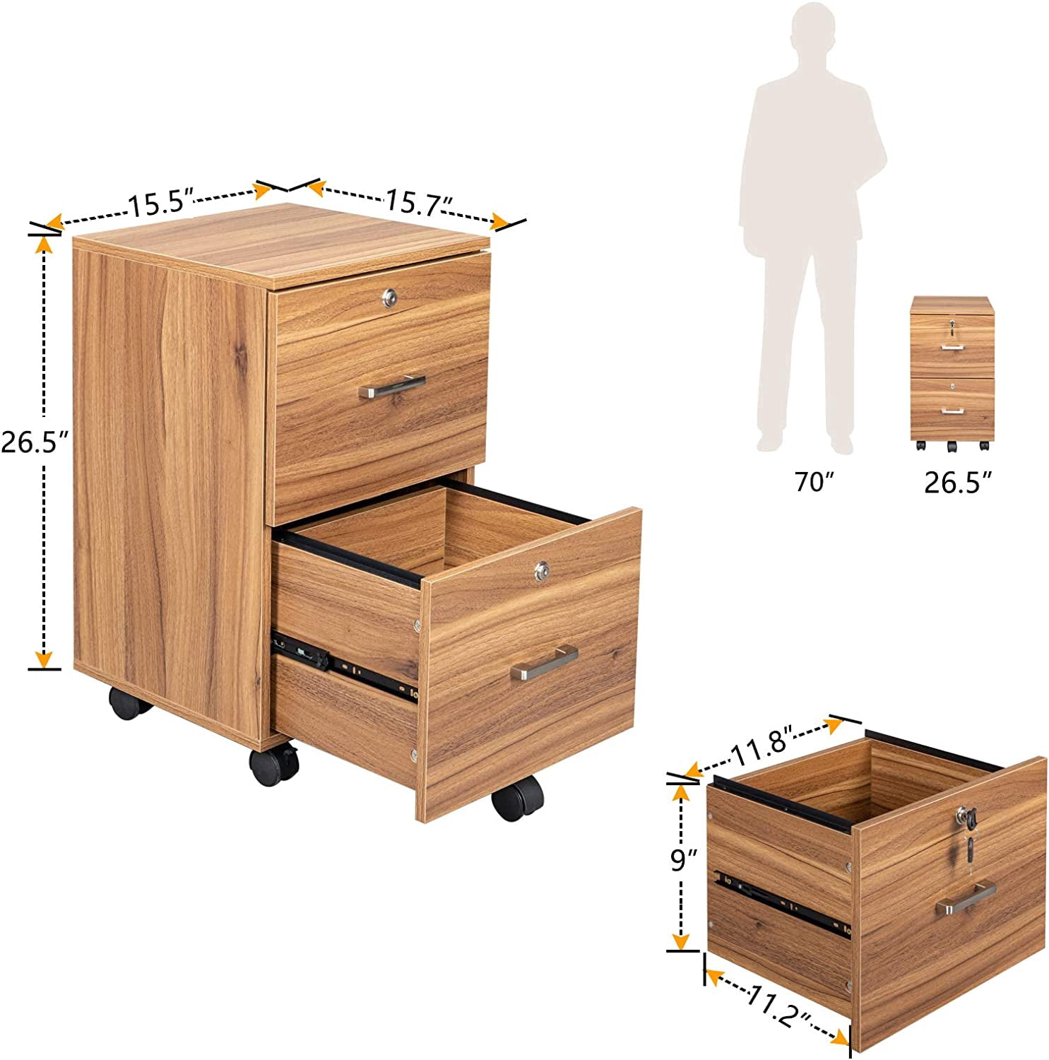 VINGLI 2-Drawer Rolling File Cabinet with Lock, Letter Size Wood Mobile Filing Cabinet Under Desk for Home Office, Walnut, 26.5in