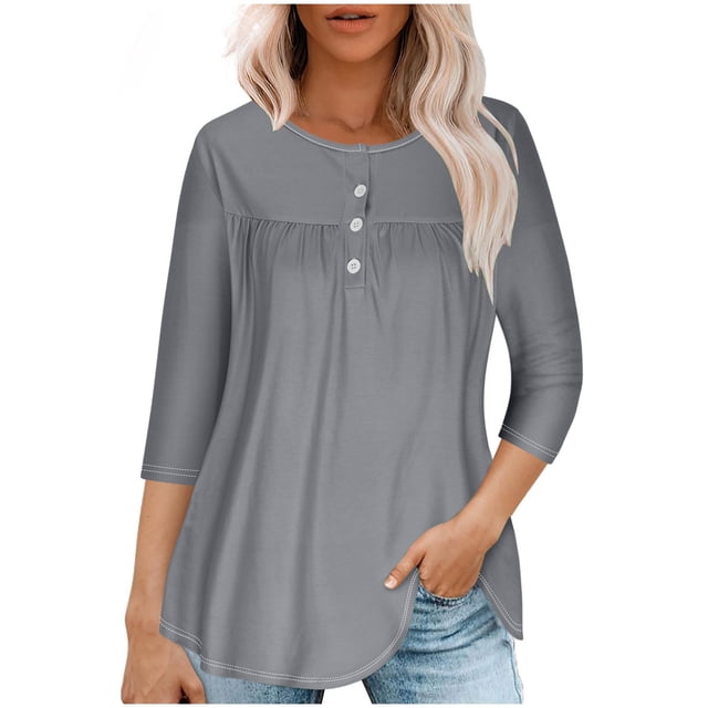 RXIRUCGD T-shirt d'Été Décontracté pour Femmes Manches Trois-Quarts Col Rond Froncé Blouse, Gris, Taille : TG