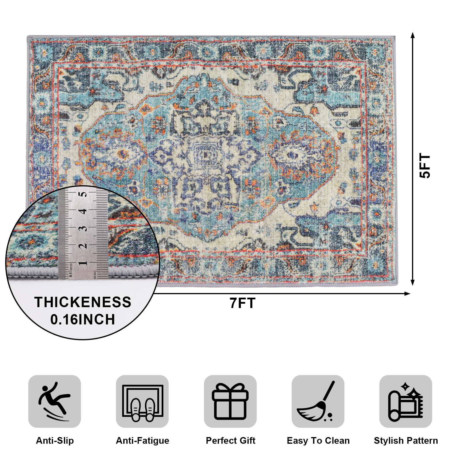 5x7 Area Rug for Living Room - Neutral Blue Floral Vintage Design - Pet Friendly - Boho Washable Rug for Bedroom, Dining Room
