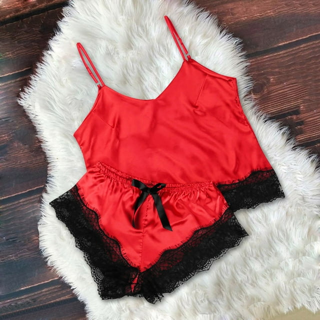 LSLJS Ensemble Deux Pièces pour Femmes en Dentelle Satinée, Camisole à Bretelles, Hauts, Shorts, Pyjama, Ensembles de Lingerie