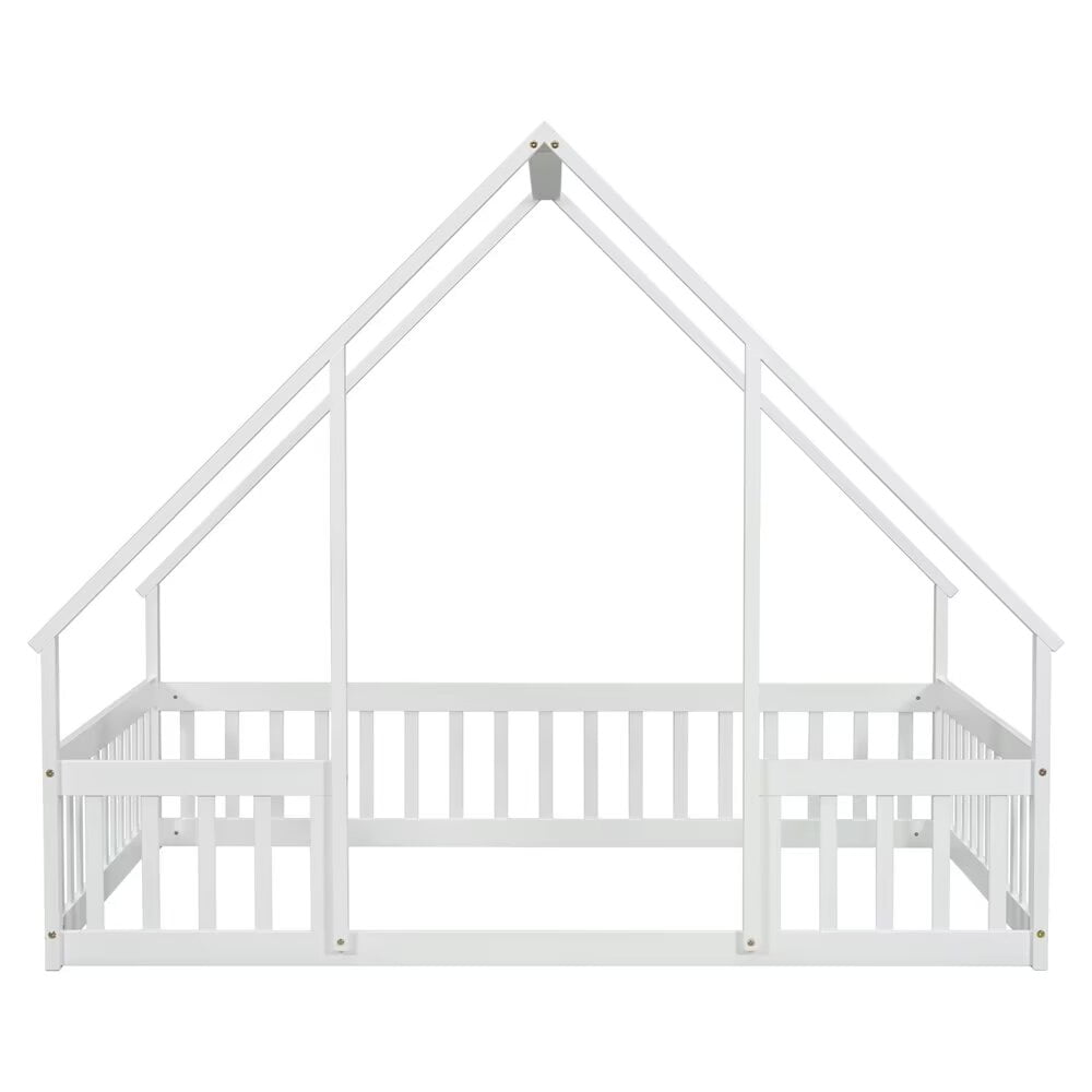 Full Size Floor Bed for Kids Toddlers, Wooden Montessori Bed Frame with Roof and Fence Guardrails, Playhouse Bed Tent Bed for Boys Girls Bedroom, Easy Assembly, White
