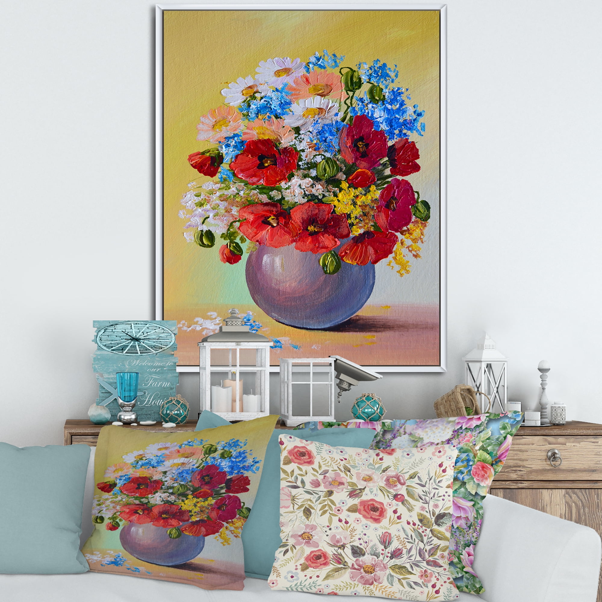 Designart 'Still Life A Bouquet Of Blue and Red Flowers' Traditional Framed Canvas Wall Art Print