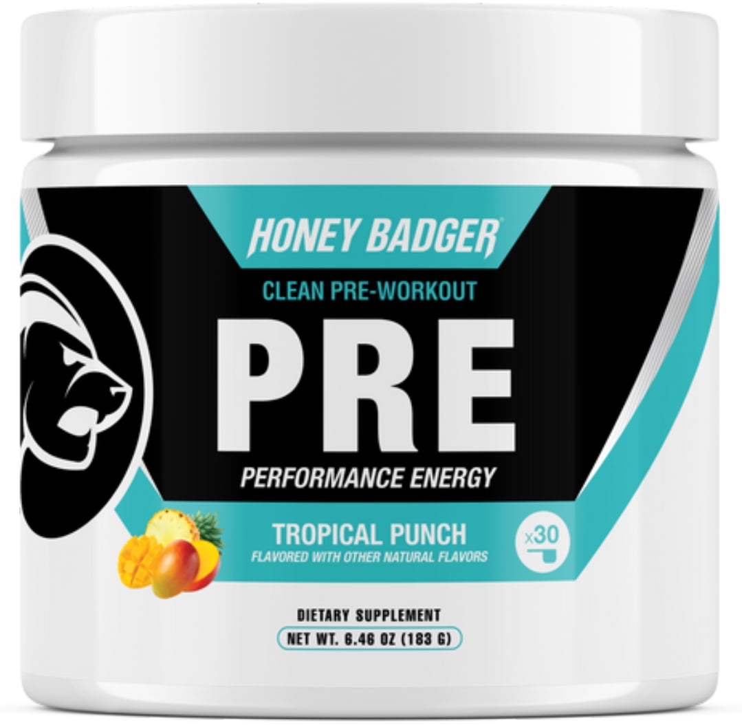 Honey Badger Pre Workout Powder | Vegan Keto Tropical Punch Preworkout | Natural Energy for Men & Women | Beta Alanine, Caffeine & Vitamin C for Immune Support | Sugar Free & Paleo | 30 Servings