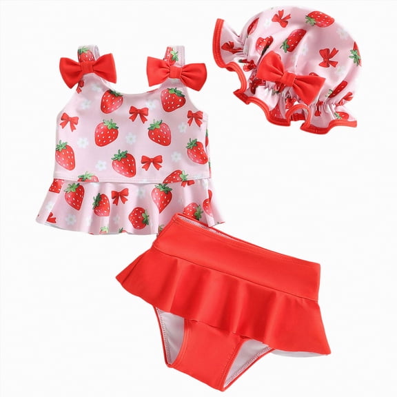CAUYDY Baby Swimsuit Girl Toddler Bikini 2 Piece Sets Sleeveless Ruffle Striped Bathing Suit Infant Beach Swimwear for Kid Girls 3-24 Months 1t-7t Summer Swimwear(H09-Red,6-12 Months)