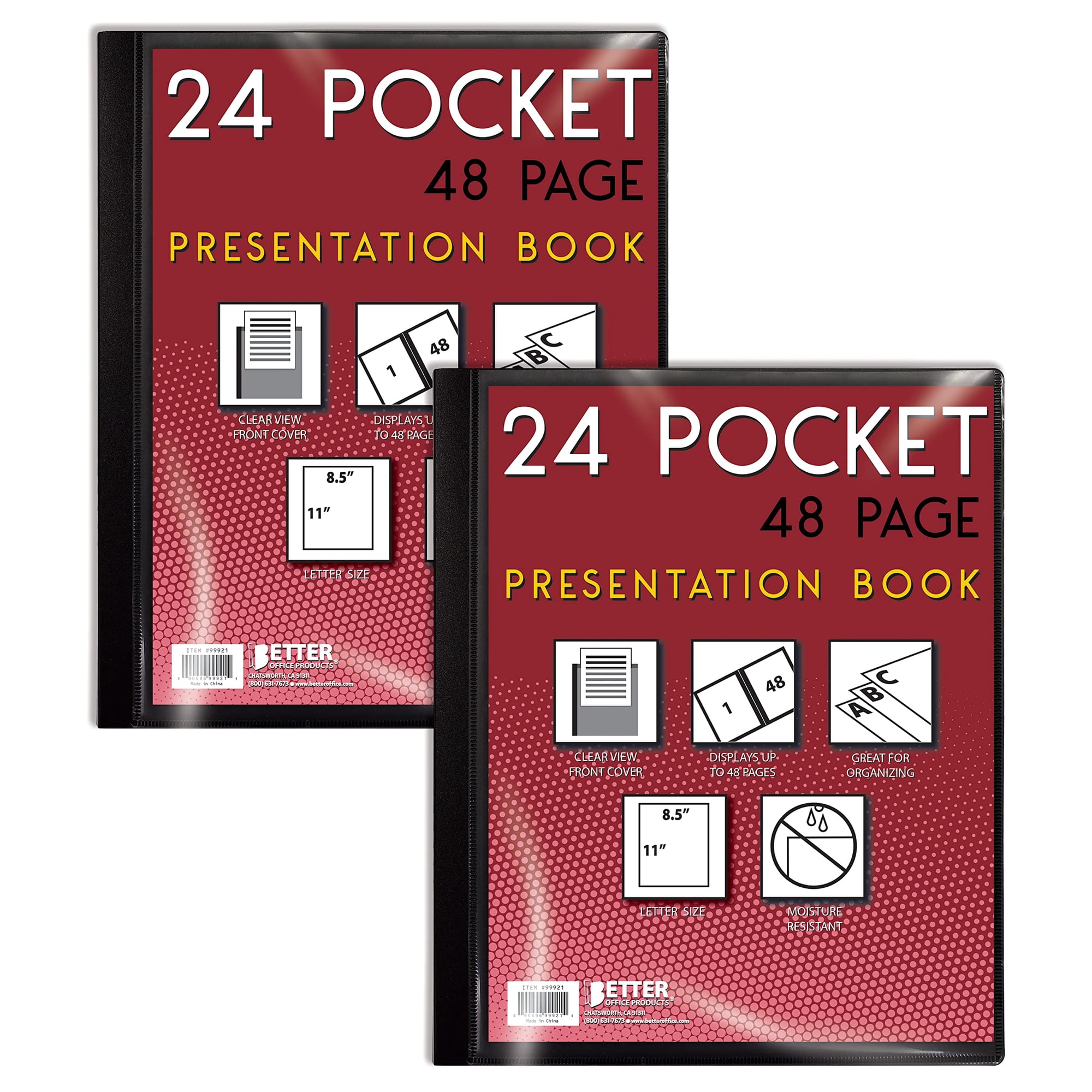 24 Pocket Bound Presentation Book, Black, Clear View Front Cover, 48 Sheet Protector Pages, 8.5" x 11" Sheets, by Better Office Products, Art Portfolio, Durable Poly Covers, Letter Size (2 Pack)