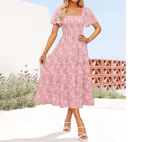 Taylonsss Womens Summer Dress Boho Floral Ruffle Sleeve Square Neck Midi Short Sleeve Beach Vacation Outfit