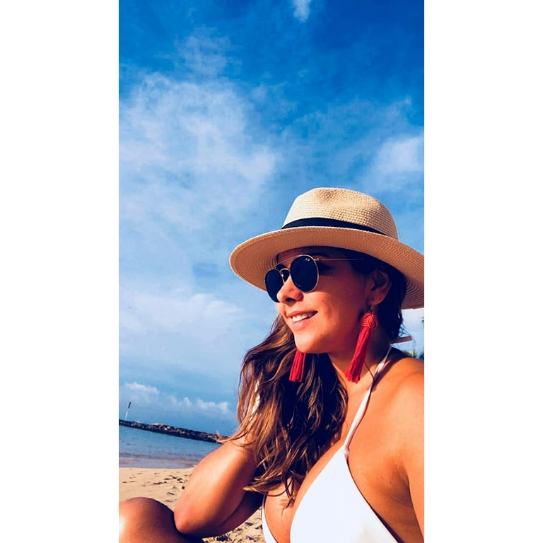 DRESHOW Women Straw Panama Hat Fedora Beach Sun Hat Wide Brim Straw Roll up  Hat UPF 50+ 