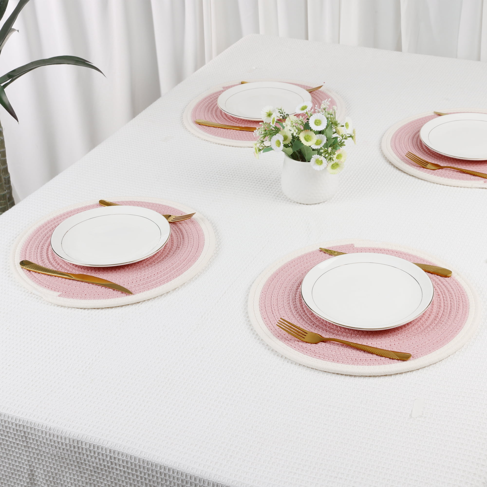 Unique Bargains Farmhouse Set of 4 Rattan Placemats for Dining Table Decor Pink