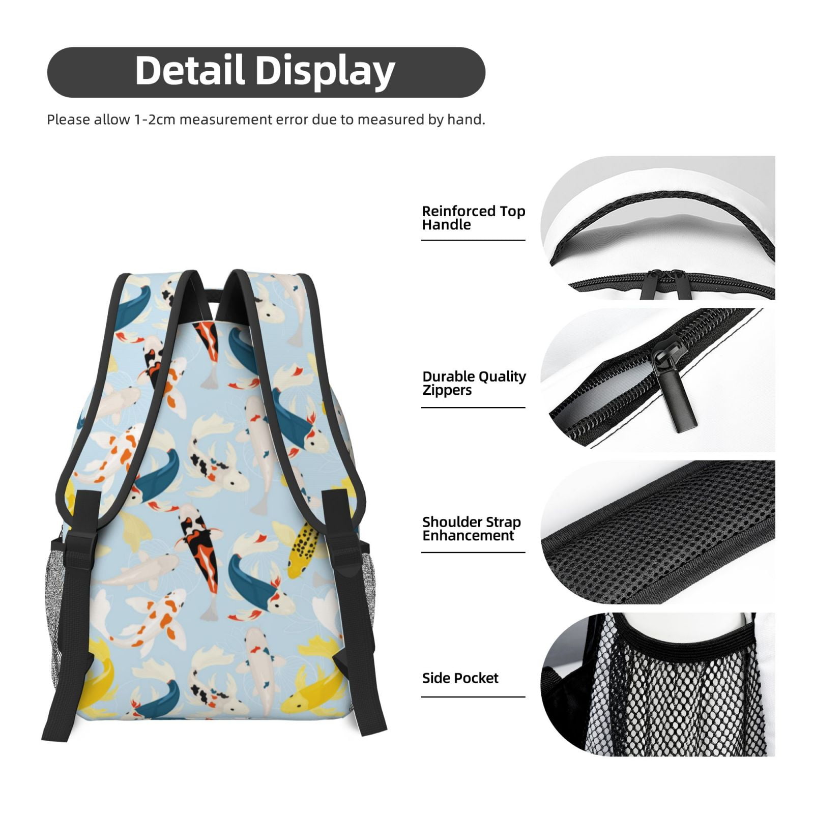Rateoe Japanese Carps Pattern Durable Student Backpack Laptop Bag- Ergonomic Design, Waterproof Twill Fabric - Ideal for School, Travel, and Outdoor Activities