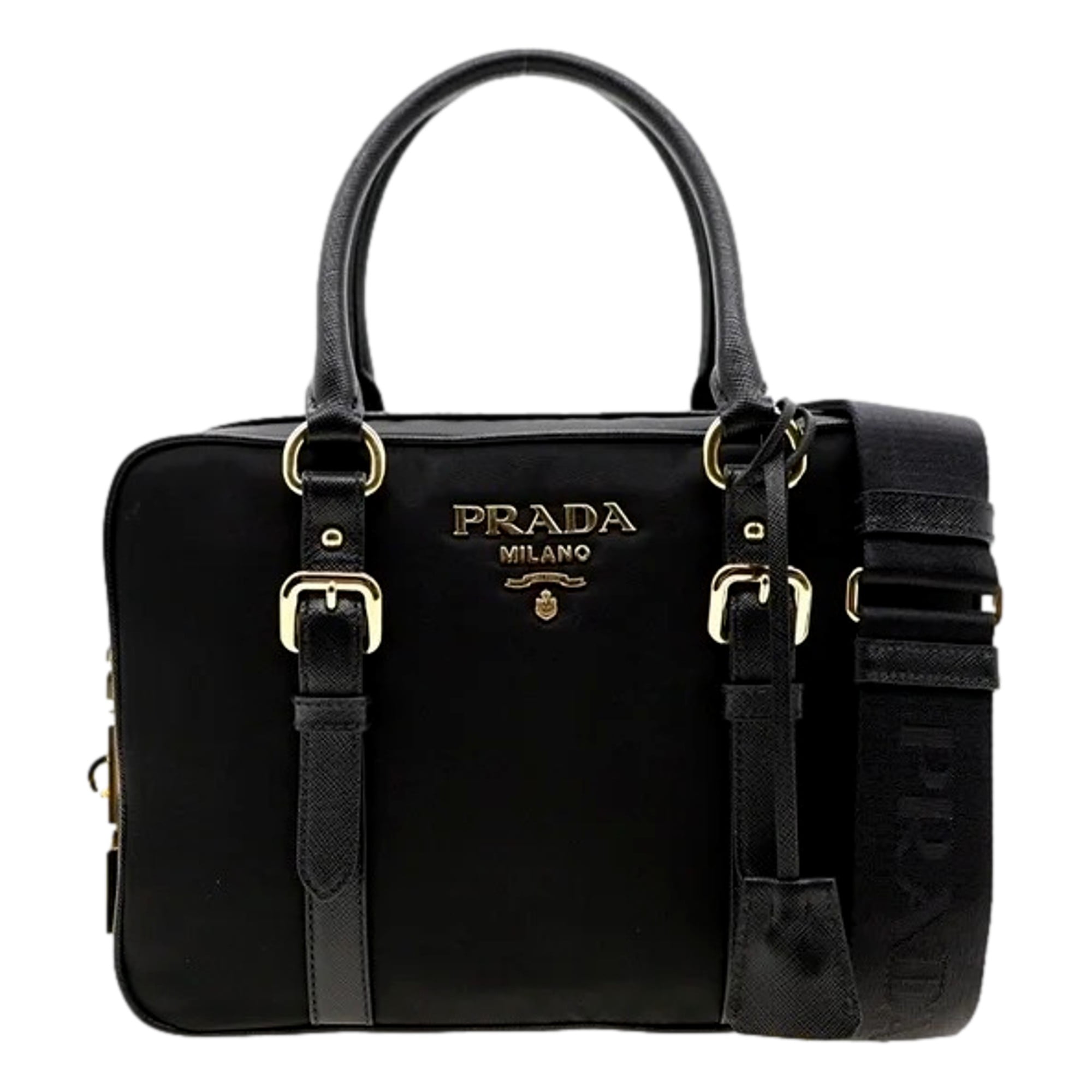 Prada Tessuto Nylon Saffiano Leather Black Top Zip Tote Bag 1BG253