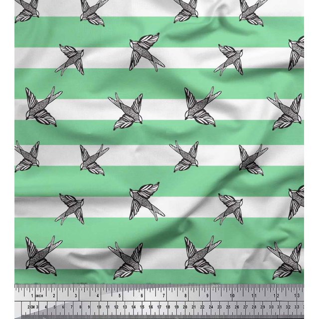 Soimoi Green Moss Georgette Fabric Stripe & Flying Swift Bird Decor Fabric Printed Yard 42 Inch Wide